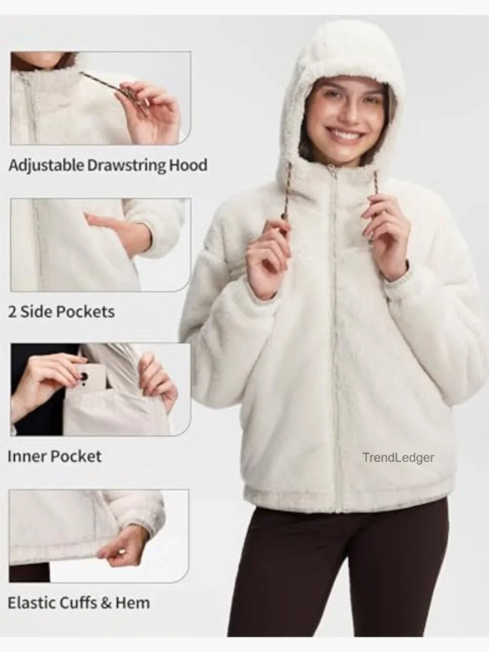 Fuzzy Fleece Jacket Full Zip Up Sherpa Hoodie Lightweight Winter Coat - Picture 4 of 6
